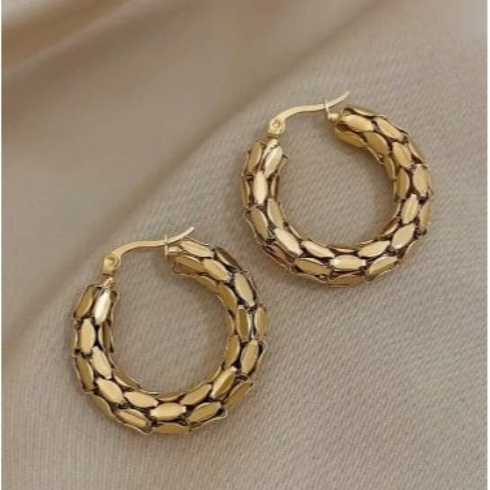 Gold Stainless Steel Textured Hoop Earrings